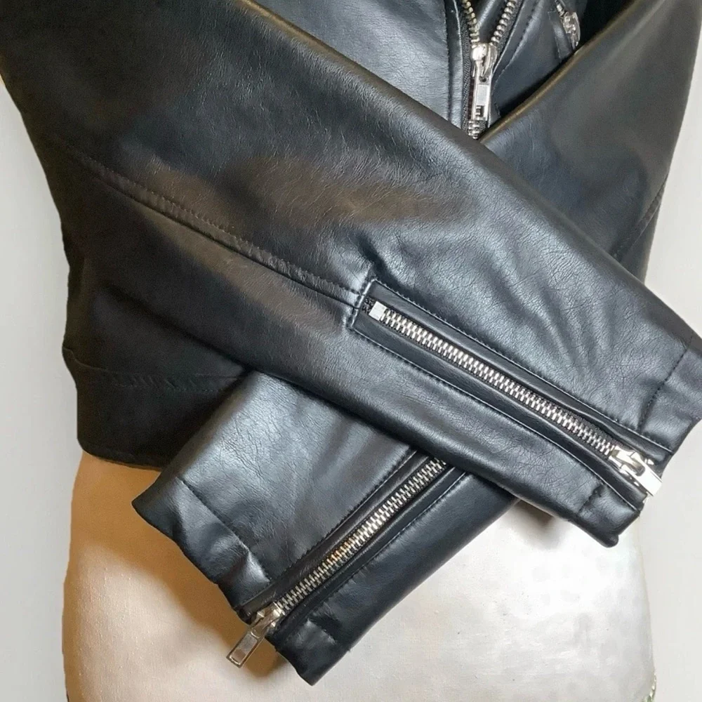 Vegan Black Leather Jacket Small Moto Faux Short Silver Accents